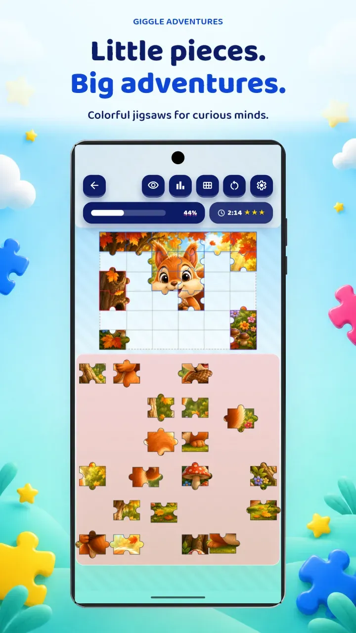 Giggle Pieces puzzle mode with a colorful squirrel jigsaw