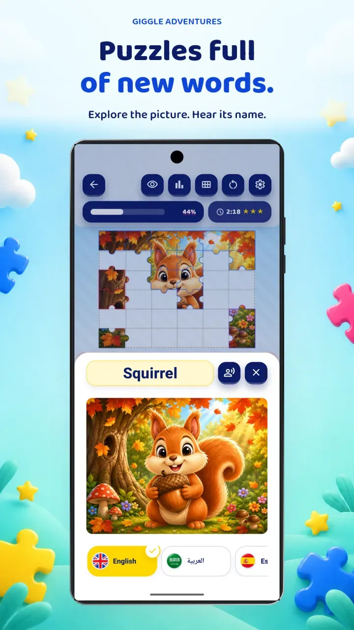 Giggle Pieces puzzle preview with a word card and language choices