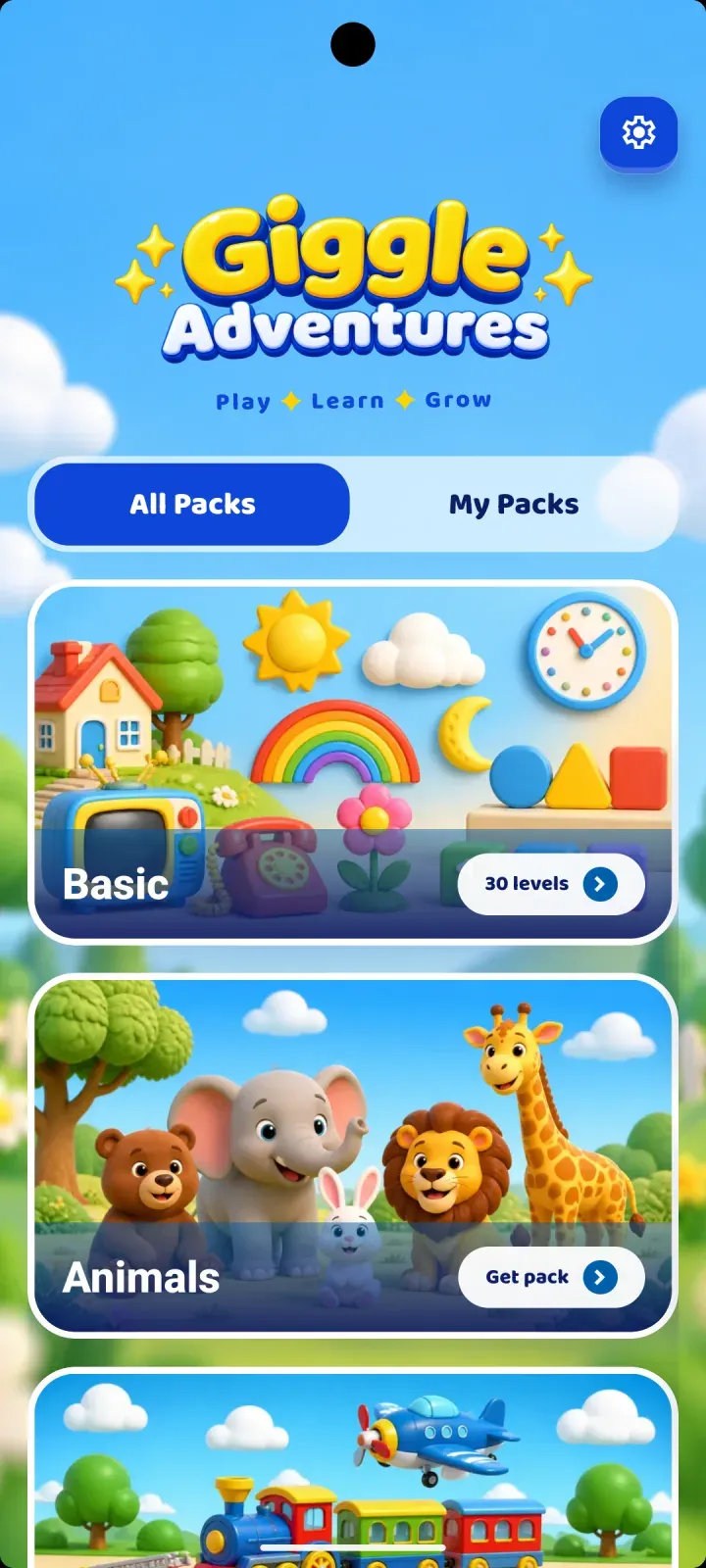 Giggle Pieces home screen showing colorful learning puzzle packs